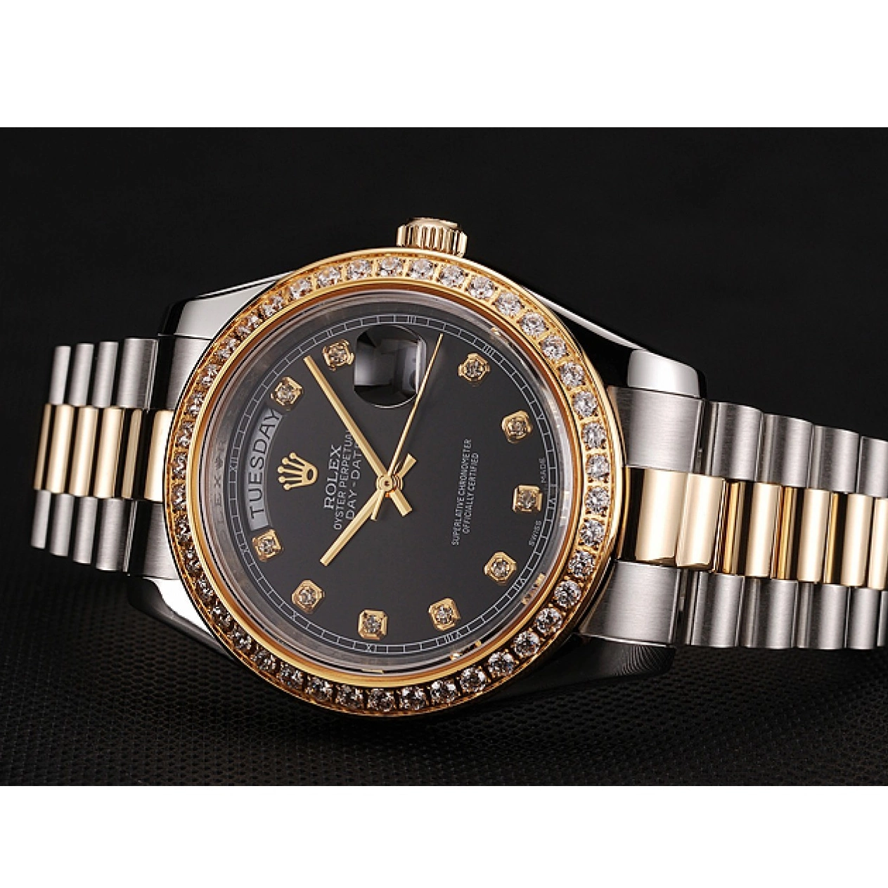 Aaa fake watches Stainless 1453975 Two Bracelet Swiss Gold Dial Steel Tone Case Day-Date Rolex Diamond Black 0806